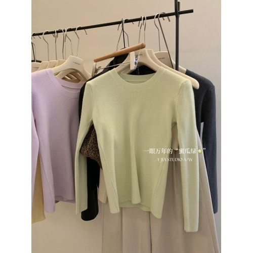 韓系簡約百搭圓領軟糯長袖針織打底衫女裝秋季新款修身顯瘦上衣