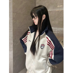 美式復古撞色條紋徽章字母立領衛衣外套女春秋學院風開衫夾克上衣
