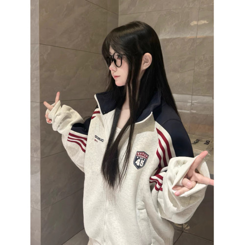 美式復古撞色條紋徽章字母立領衛衣外套女春秋學院風開衫夾克上衣 美式復古撞色條紋徽章字母立領衛衣外套女春秋學院風開衫夾克上衣