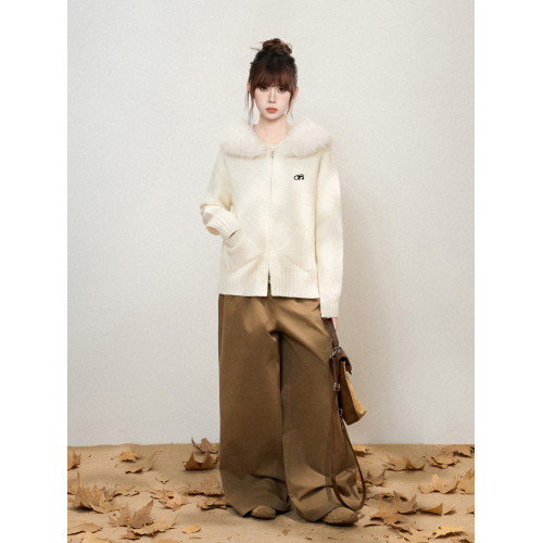 白色毛領連帽雙拉鍊針織毛衣外套女秋季秋冬加厚寬松開衫衛衣上衣 白色毛領連帽雙拉鍊針織毛衣外套女秋季秋冬加厚寬松開衫衛衣上衣