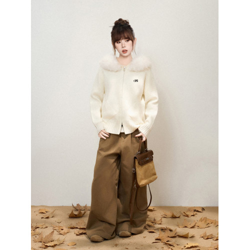 白色毛領連帽雙拉鍊針織毛衣外套女秋季秋冬加厚寬松開衫衛衣上衣 白色毛領連帽雙拉鍊針織毛衣外套女秋季秋冬加厚寬松開衫衛衣上衣