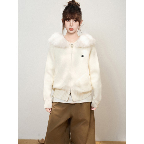 白色毛領連帽雙拉鍊針織毛衣外套女秋季秋冬加厚寬松開衫衛衣上衣 白色毛領連帽雙拉鍊針織毛衣外套女秋季秋冬加厚寬松開衫衛衣上衣
