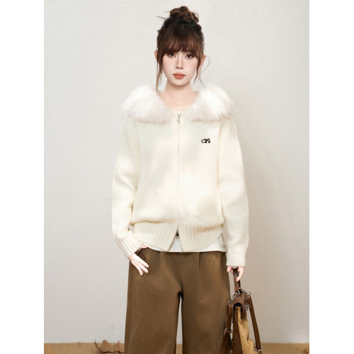 白色毛領連帽雙拉鍊針織毛衣外套女秋季秋冬加厚寬松開衫衛衣上衣 白色毛領連帽雙拉鍊針織毛衣外套女秋季秋冬加厚寬松開衫衛衣上衣