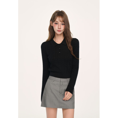 BYEMYPIE復古麻花Polo領針織衫miu系修身短款套頭毛衣外穿v領上衣 BYEMYPIE復古麻花Polo領針織衫miu系修身短款套頭毛衣外穿v領上衣