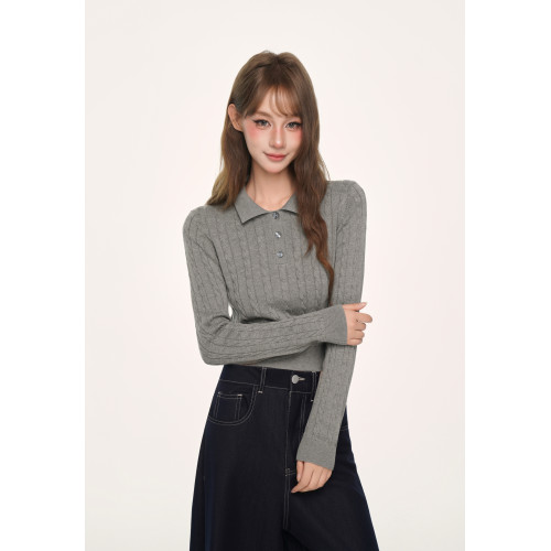 BYEMYPIE復古麻花Polo領針織衫miu系修身短款套頭毛衣外穿v領上衣 BYEMYPIE復古麻花Polo領針織衫miu系修身短款套頭毛衣外穿v領上衣