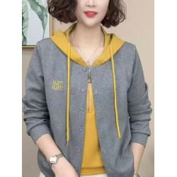 春秋新款時尚連帽假兩件衛衣女百搭遮肚顯瘦寬松休閒減齡長袖上衣