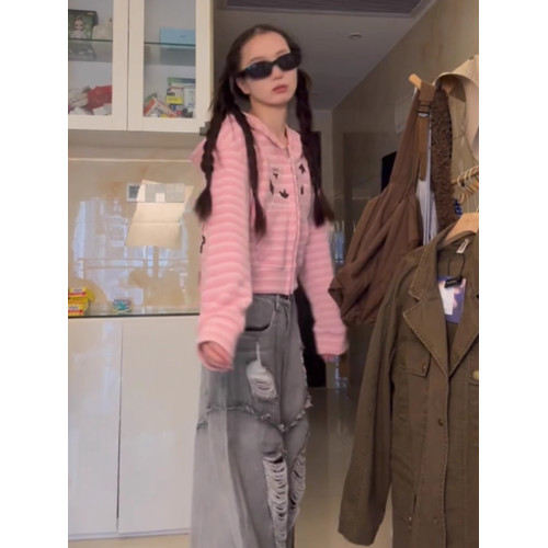 韓系慵懶粉色兔耳朵條紋連帽衛衣女春秋寬松休閒短款開衫外套上衣 韓系慵懶粉色兔耳朵條紋連帽衛衣女春秋寬松休閒短款開衫外套上衣