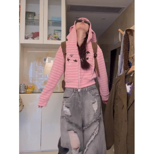 韓系慵懶粉色兔耳朵條紋連帽衛衣女春秋寬松休閒短款開衫外套上衣 韓系慵懶粉色兔耳朵條紋連帽衛衣女春秋寬松休閒短款開衫外套上衣