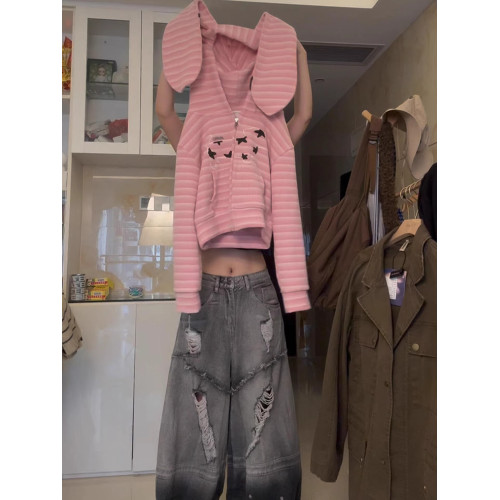 韓系慵懶粉色兔耳朵條紋連帽衛衣女春秋寬松休閒短款開衫外套上衣 韓系慵懶粉色兔耳朵條紋連帽衛衣女春秋寬松休閒短款開衫外套上衣