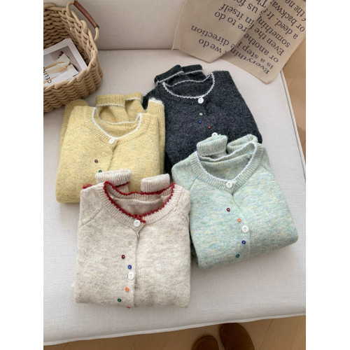 RENA甜美彩釦撞色軟糯長袖針織毛衣女2025早秋減齡寬松開衫上衣