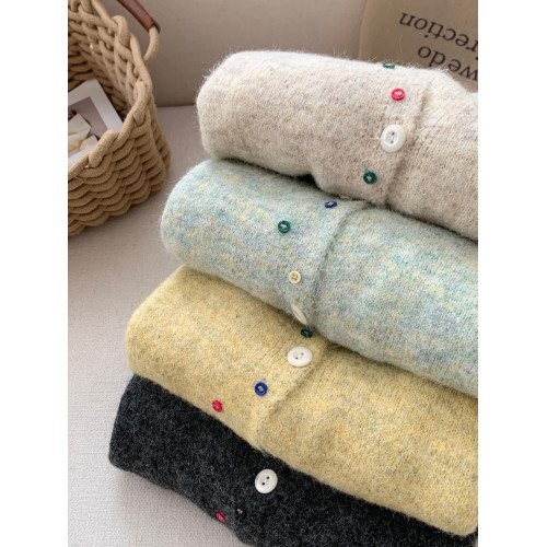 RENA甜美彩釦撞色軟糯長袖針織毛衣女2025早秋減齡寬松開衫上衣