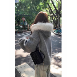 韓系高級感灰色大毛領連帽針織開衫毛衣女秋冬小個子寬鬆外套上衣