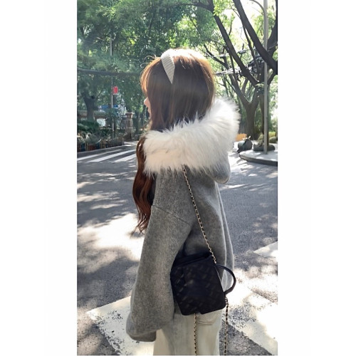 韓系高級感灰色大毛領連帽針織開衫毛衣女秋冬小個子寬鬆外套上衣