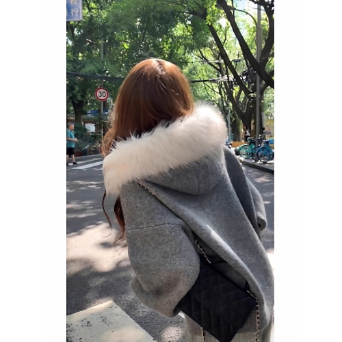 韓系高級感灰色大毛領連帽針織開衫毛衣女秋冬小個子寬鬆外套上衣