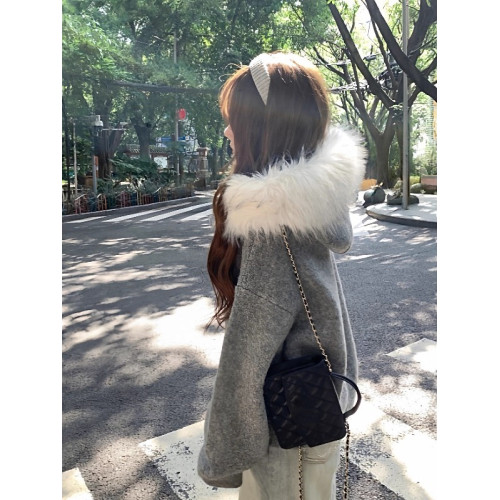 韓系高級感灰色大毛領連帽針織開衫毛衣女秋冬小個子寬鬆外套上衣