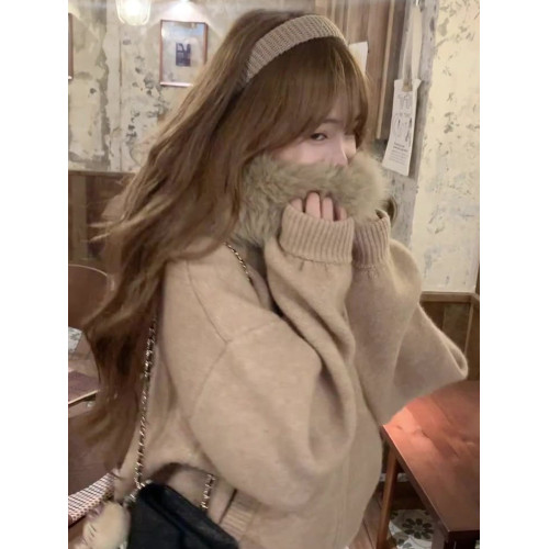 韓系高級感大毛領連帽針織開衫毛衣女秋冬寬松外傳慵懶風外套上衣