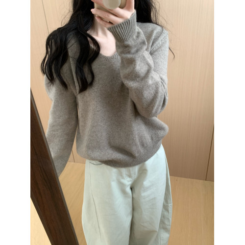 此外 秋季新款V領復古軟糯顯瘦針織衫寬松上衣套頭高級感長袖打底