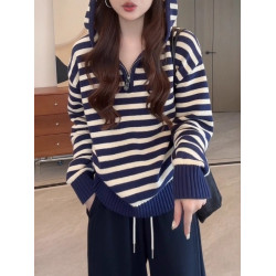 條紋連帽長袖針織衫女裝2025秋季大碼胖MM半拉鍊毛衣帽衫顯瘦上衣