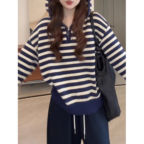 條紋連帽長袖針織衫女裝2025秋季大碼胖MM半拉鍊毛衣帽衫顯瘦上衣