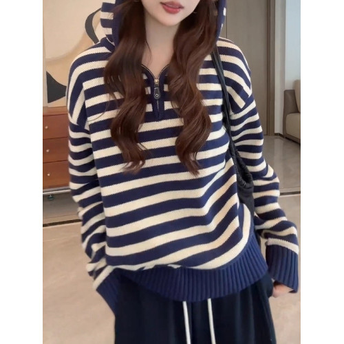 條紋連帽長袖針織衫女裝2025秋季大碼胖MM半拉鍊毛衣帽衫顯瘦上衣