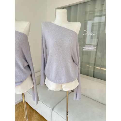 柒月末 軟糯柔霧紫 斜肩喇叭袖寬松毛衣純欲氣質早秋套頭針織衫 柒月末 軟糯柔霧紫 斜肩喇叭袖寬松毛衣純欲氣質早秋套頭針織衫