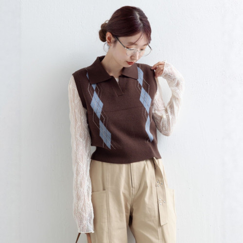 獨25秋冬 大人氣miu系菱形格子 繙領針織衫背心 馬甲