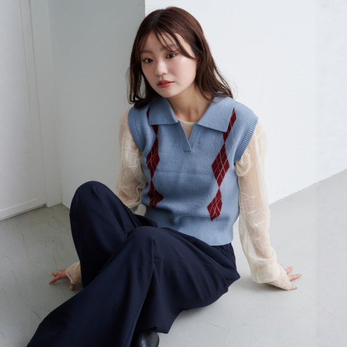 獨25秋冬 大人氣miu系菱形格子 繙領針織衫背心 馬甲