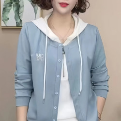 春秋新款時尚女裝假兩件連帽衛衣女士洋氣休閒媽媽裝長袖開衫上衣