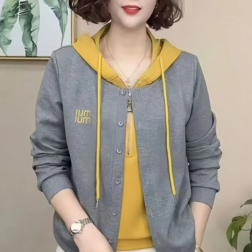 春秋新款時尚女裝假兩件連帽衛衣女士洋氣休閒媽媽裝長袖開衫上衣 春秋新款時尚女裝假兩件連帽衛衣女士洋氣休閒媽媽裝長袖開衫上衣