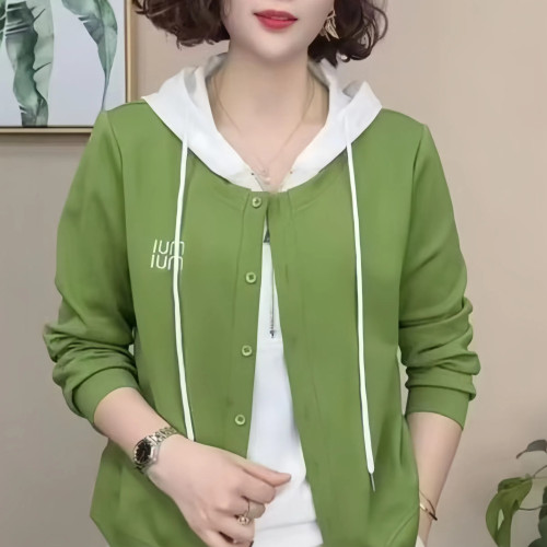 春秋新款時尚女裝假兩件連帽衛衣女士洋氣休閒媽媽裝長袖開衫上衣 春秋新款時尚女裝假兩件連帽衛衣女士洋氣休閒媽媽裝長袖開衫上衣