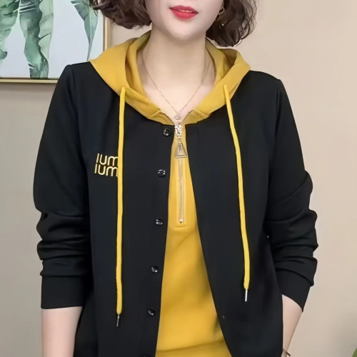 春秋新款時尚女裝假兩件連帽衛衣女士洋氣休閒媽媽裝長袖開衫上衣 春秋新款時尚女裝假兩件連帽衛衣女士洋氣休閒媽媽裝長袖開衫上衣