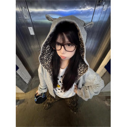 美式國潮豹紋立體耳朵開衫衛衣女春秋季慵懶高街小衆別致拉鍊外套