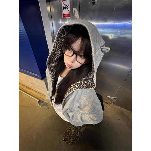 美式國潮豹紋立體耳朵開衫衛衣女春秋季慵懶高街小衆別致拉鍊外套