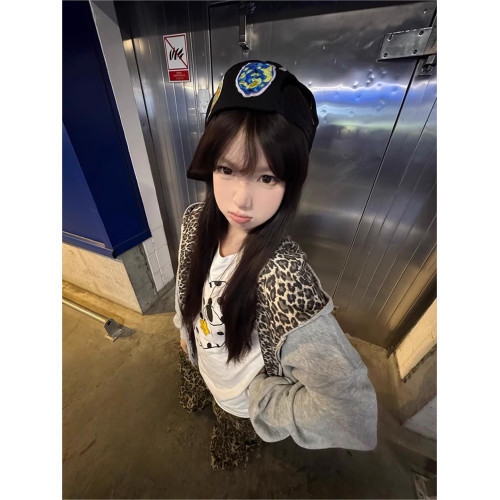 美式國潮豹紋立體耳朵開衫衛衣女春秋季慵懶高街小衆別致拉鍊外套