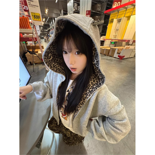 美式國潮豹紋立體耳朵開衫衛衣女春秋季慵懶高街小衆別致拉鍊外套
