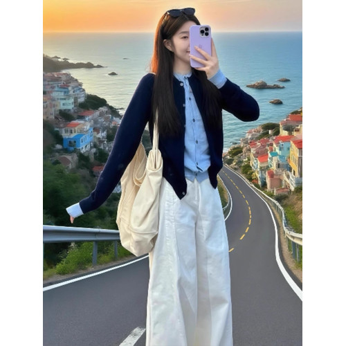 拉夏貝爾假兩件撞色長袖針織衫女秋季新款韓系氛圍感小衆百搭上衣