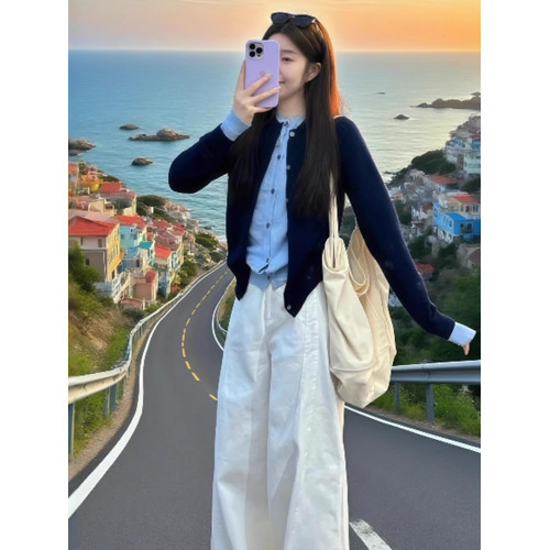 拉夏貝爾假兩件撞色長袖針織衫女秋季新款韓系氛圍感小衆百搭上衣