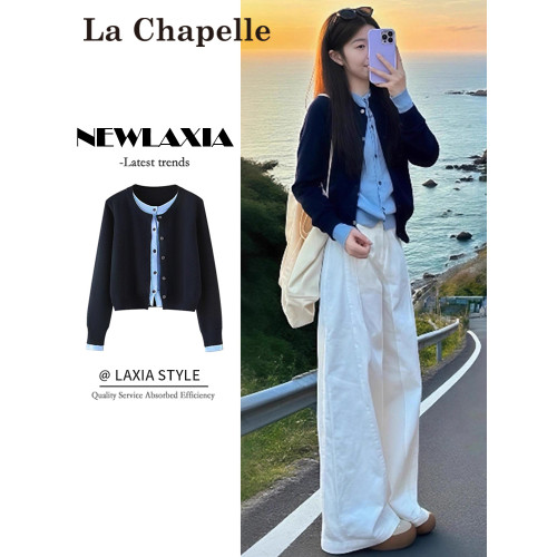 拉夏貝爾假兩件撞色長袖針織衫女秋季新款韓系氛圍感小衆百搭上衣