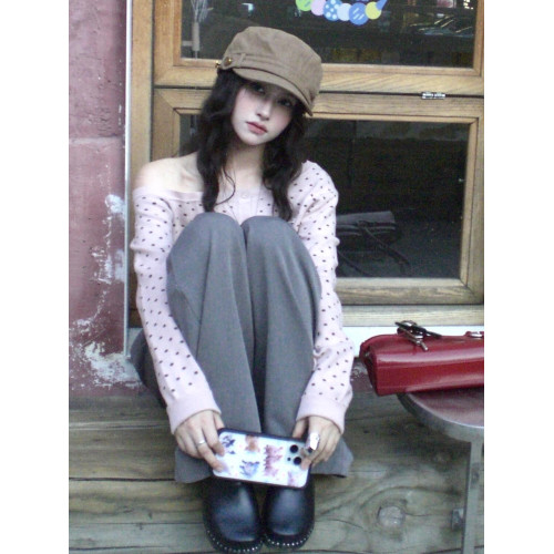 miu系波點針織開衫女早秋穿搭粉色斜肩長袖修身顯瘦短款露肩上衣 miu系波點針織開衫女早秋穿搭粉色斜肩長袖修身顯瘦短款露肩上衣