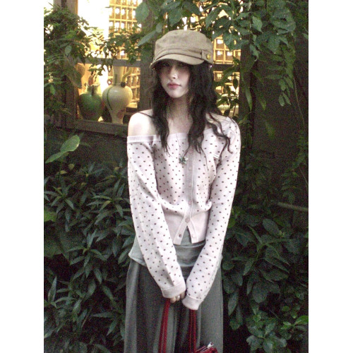 miu系波點針織開衫女早秋穿搭粉色斜肩長袖修身顯瘦短款露肩上衣 miu系波點針織開衫女早秋穿搭粉色斜肩長袖修身顯瘦短款露肩上衣