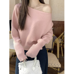 PPHOME純欲風寬松斜肩一字肩毛衣女秋冬蝙蝠袖針織衫打底內搭上衣