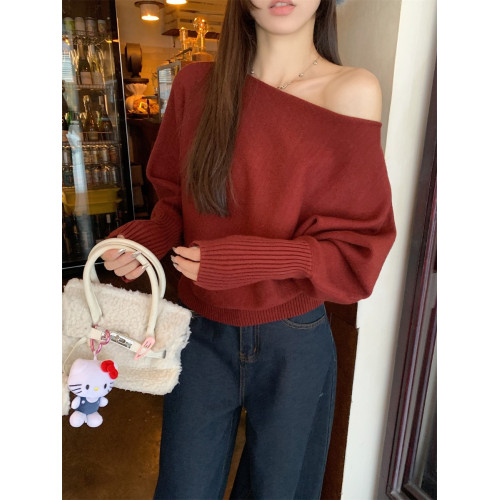 PPHOME純欲風寬松斜肩一字肩毛衣女秋冬蝙蝠袖針織衫打底內搭上衣