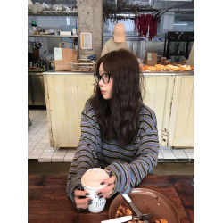 韓系慵懶設計感條紋復古長袖衛衣女秋季小衆休閒圓領寬松針織上衣