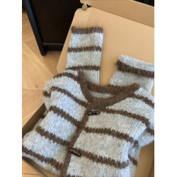 miu系穿搭慵懶風復古條紋牛角釦毛衣小個子秋新款高級感針織開衫