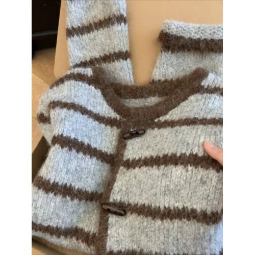 miu系穿搭慵懶風復古條紋牛角釦毛衣小個子秋新款高級感針織開衫 miu系穿搭慵懶風復古條紋牛角釦毛衣小個子秋新款高級感針織開衫