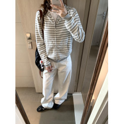 條紋連帽長袖針織衫外套女2025秋季新款韓系顯瘦短款開衫上衣chic