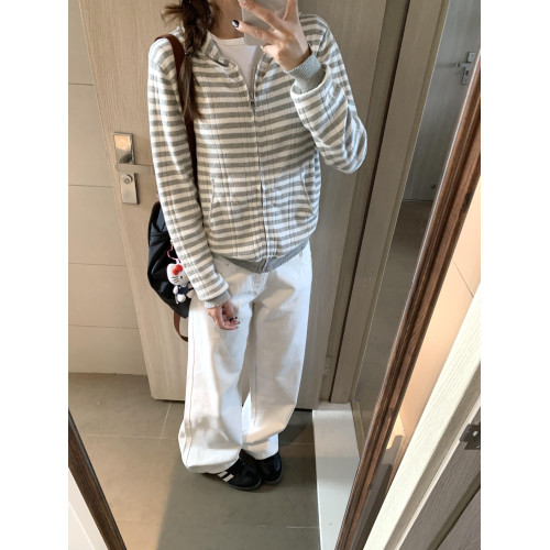 條紋連帽長袖針織衫外套女2025秋季新款韓系顯瘦短款開衫上衣chic