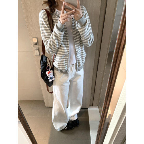 條紋連帽長袖針織衫外套女2025秋季新款韓系顯瘦短款開衫上衣chic