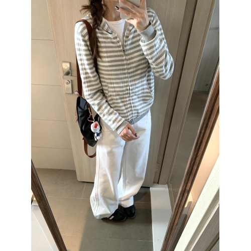 條紋連帽長袖針織衫外套女2025秋季新款韓系顯瘦短款開衫上衣chic