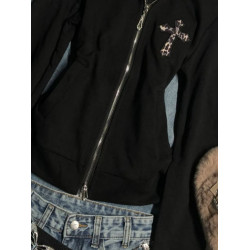 美式復古豹紋拼接拉鍊連帽衛衣開衫學院風百搭辣妹修身上衣外套潮